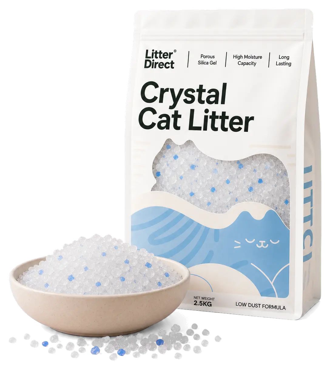 Litter Direct Crystal Cat Litter pouch with a ceramic bowl of translucent silica crystals and blue accent granules