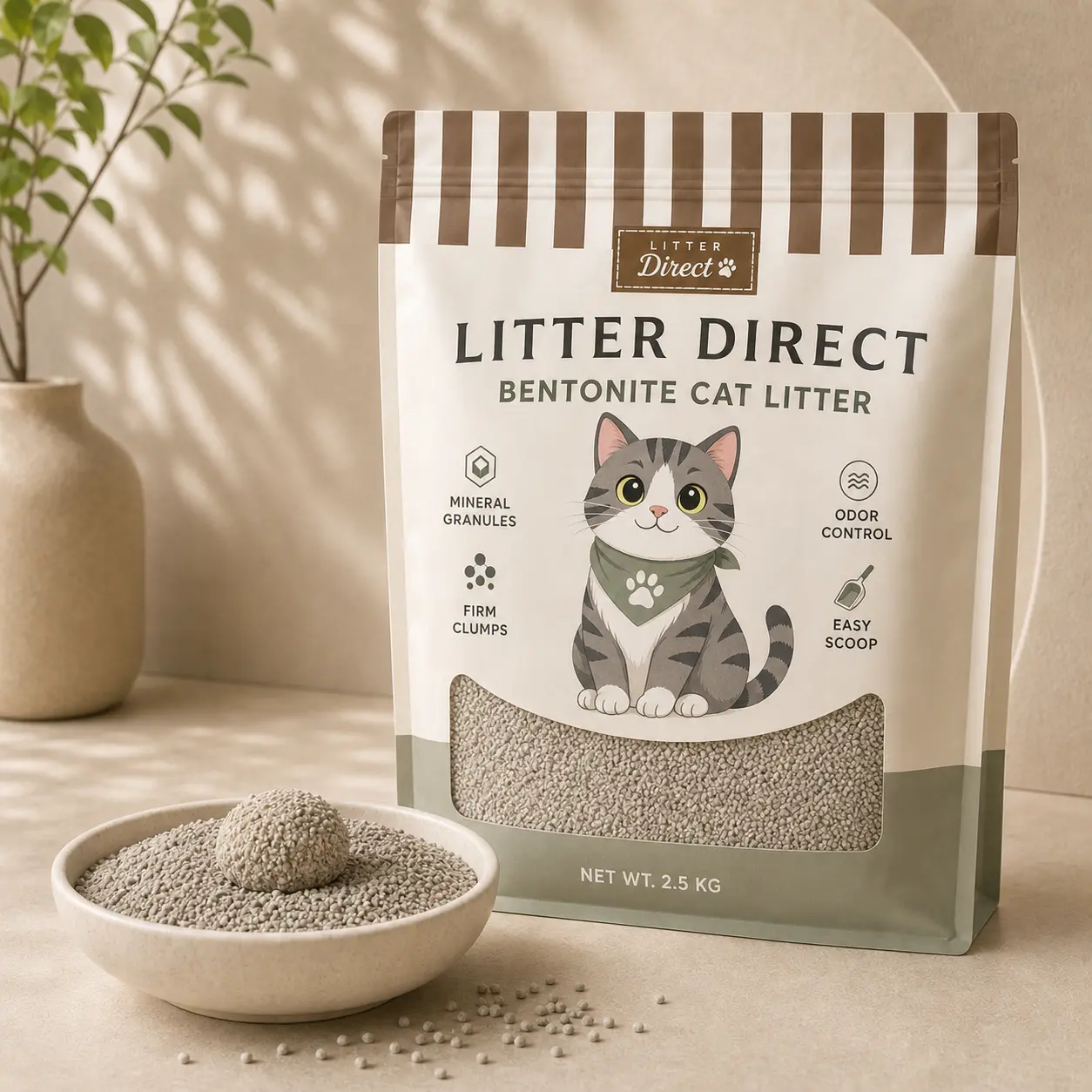 Bentonite Cat Litter product packaging and litter texture