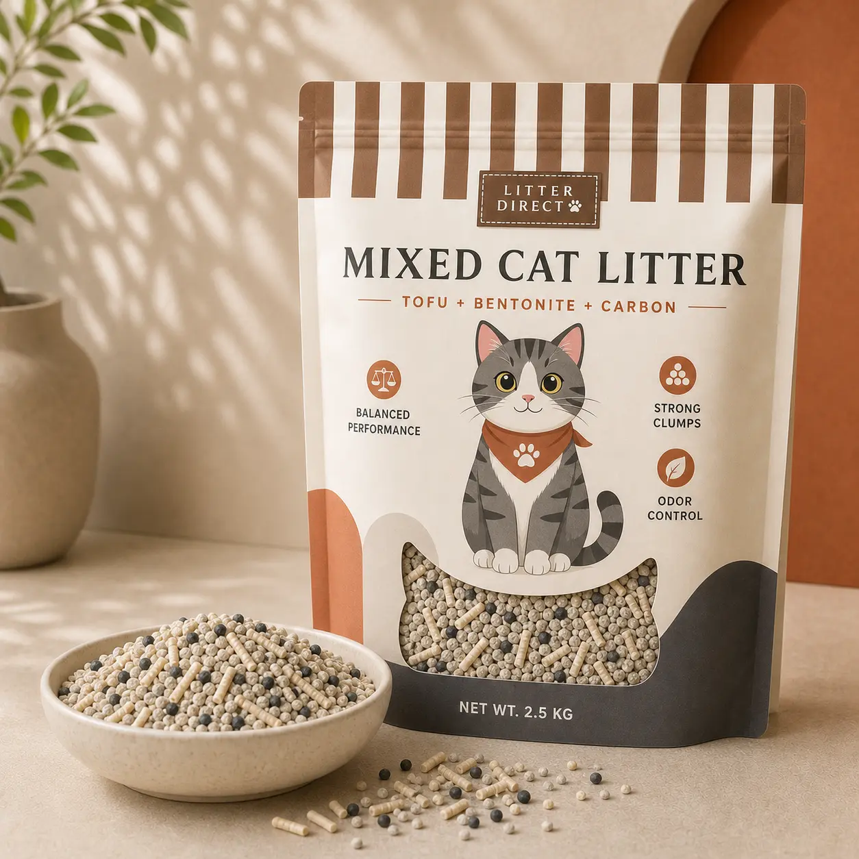 Mixed Cat Litter product packaging and litter texture