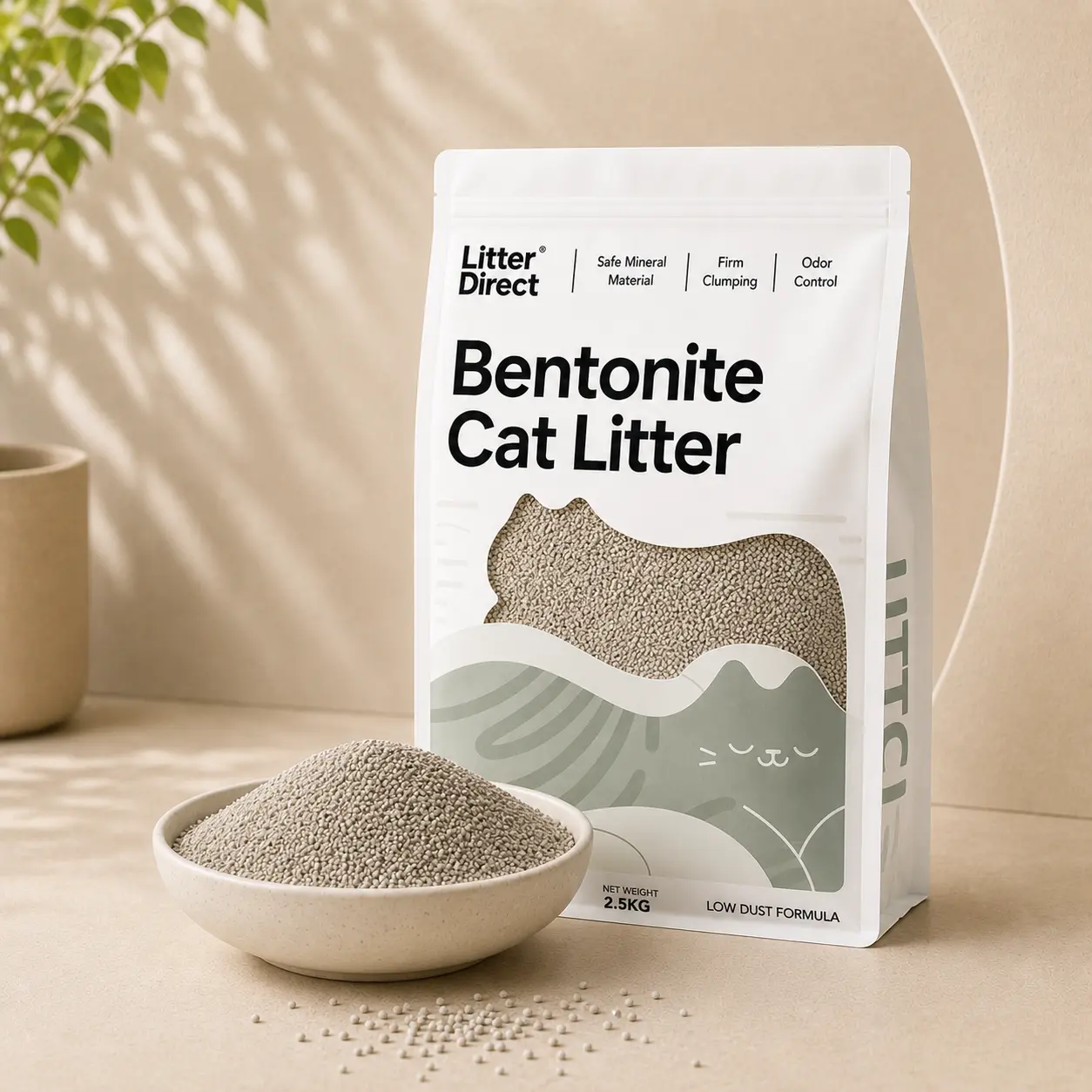 Bentonite Cat Litter package beside a bowl of matching litter material