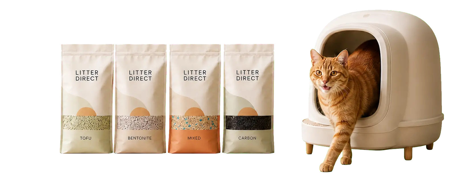 Four Litter Direct cat litter bags beside an orange cat leaving a modern litter box