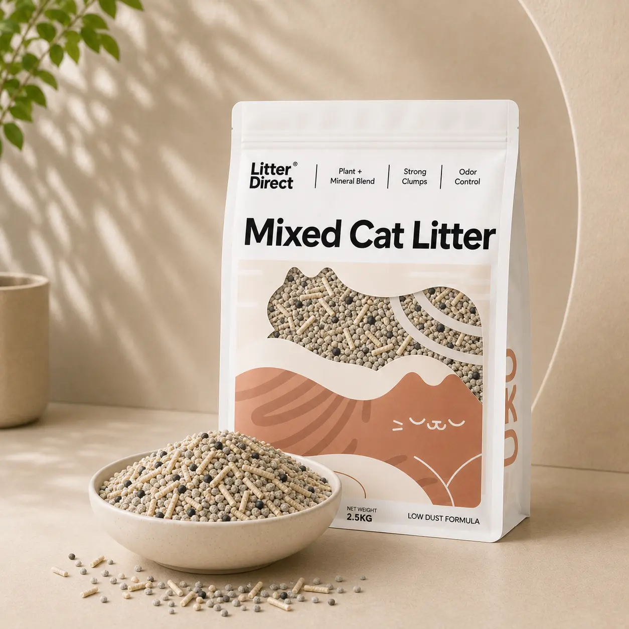 Mixed Cat Litter package beside a bowl of matching litter material