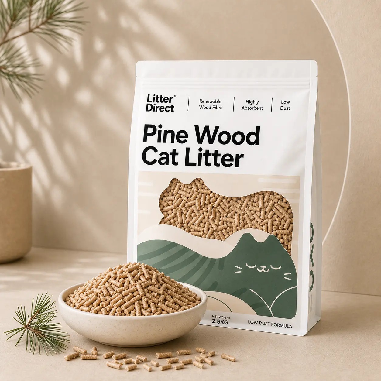 Pine Wood Cat Litter package beside a bowl of matching litter material