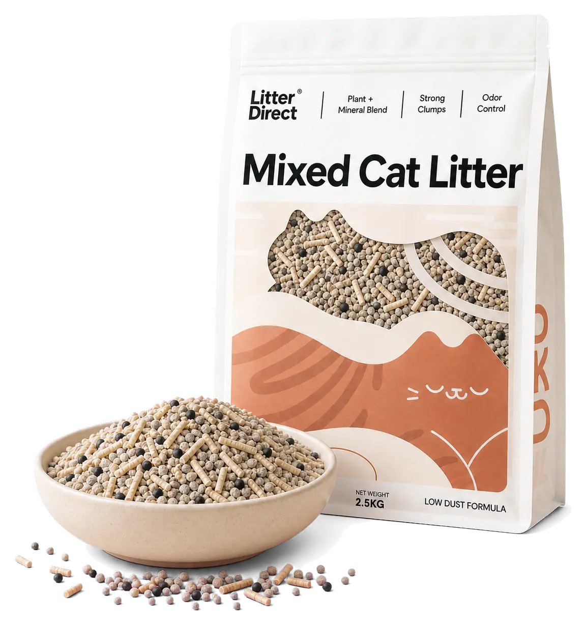 Litter Direct Mixed Cat Litter pouch with a ceramic bowl of plant-fiber and mineral litter granules