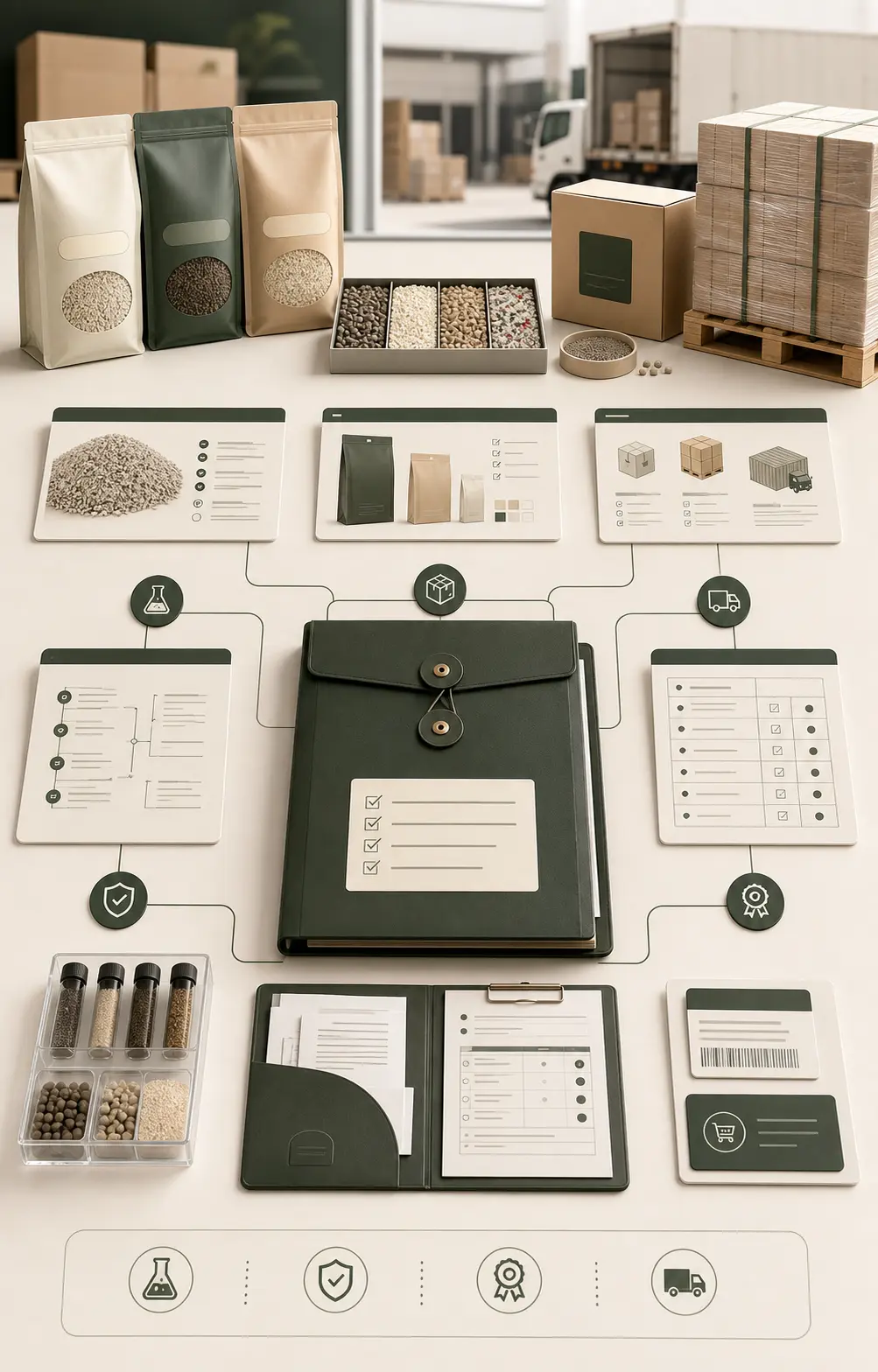 Illustration of an OEM and ODM order approval record with samples, specifications, packaging details and shipment notes