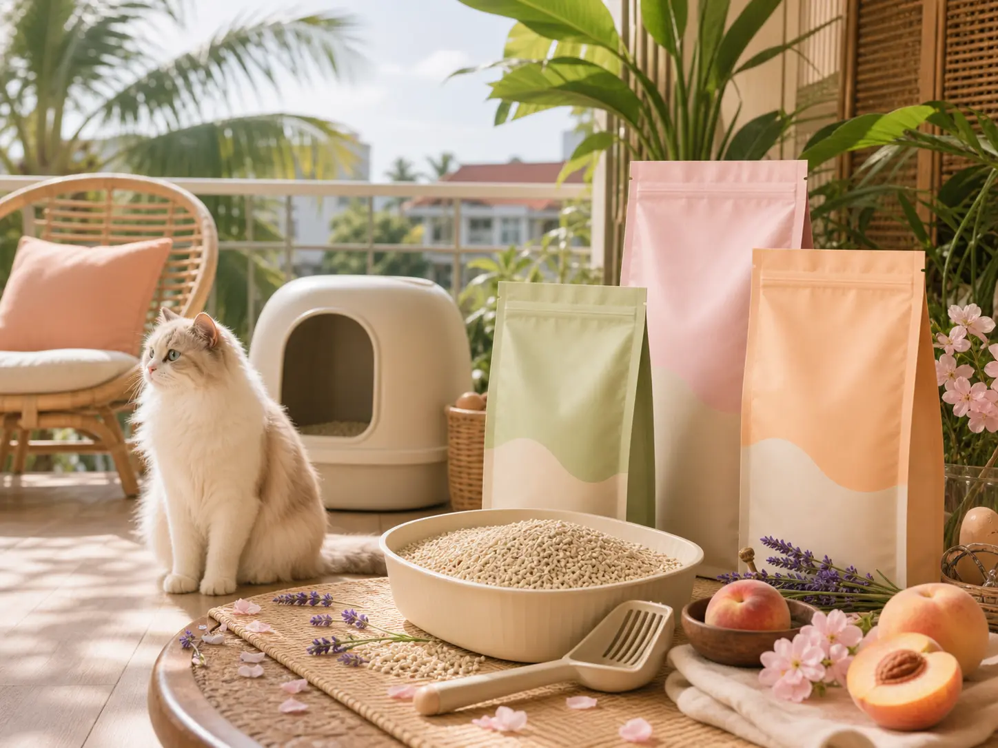 Illustration of a private-label tofu cat litter range with fragrance options in a home setting