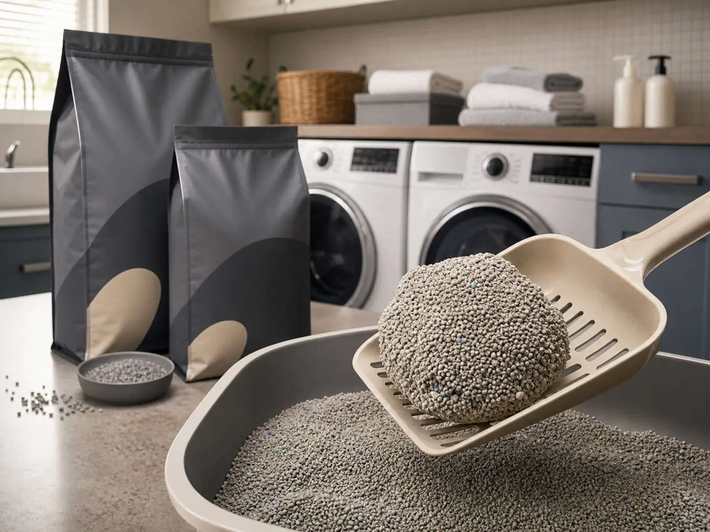 Illustration of a bentonite private-label cat litter range with a firm clump in a litter scoop