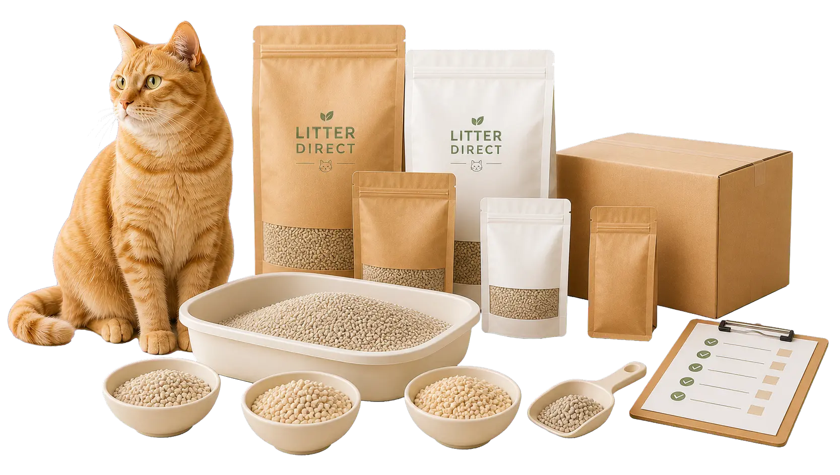 Illustration of an orange tabby cat with private-label cat litter packaging, samples and order documents