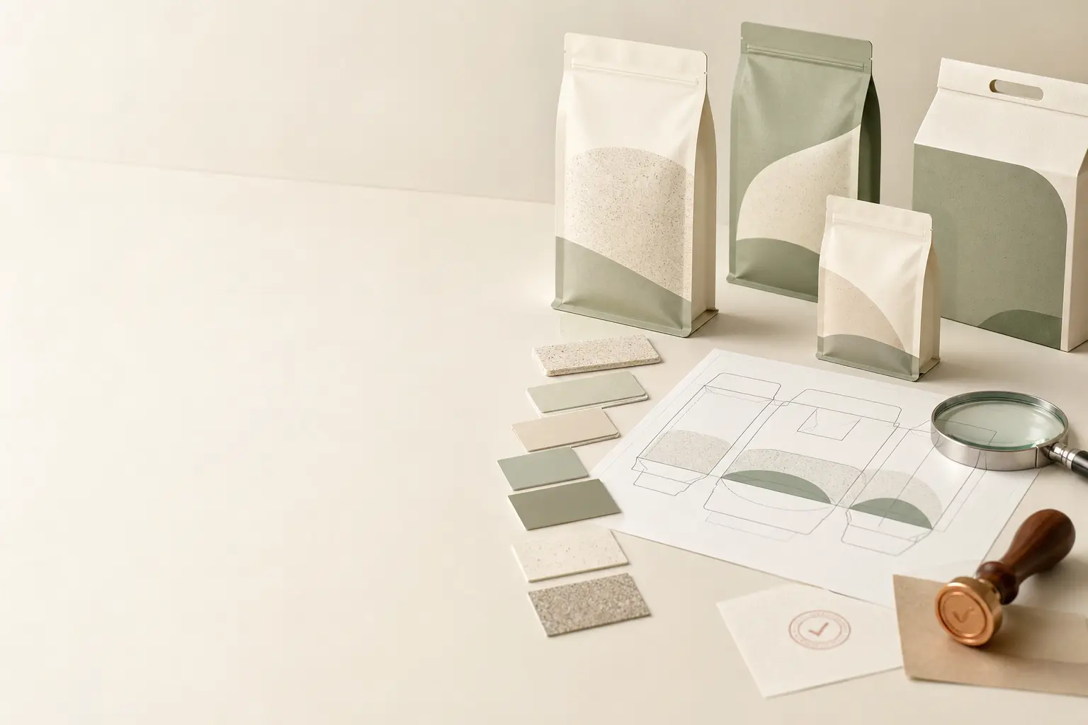 Illustration showing private-label pouch concepts, color swatches and packaging artwork