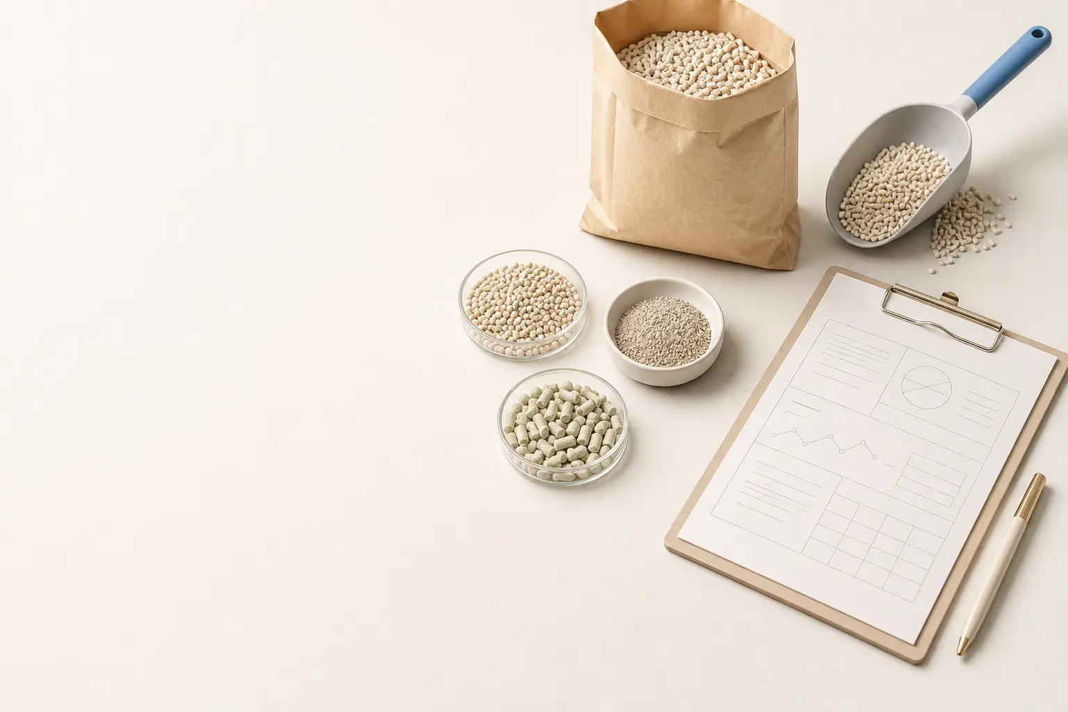 Illustration showing tofu cat litter samples and a sample evaluation sheet