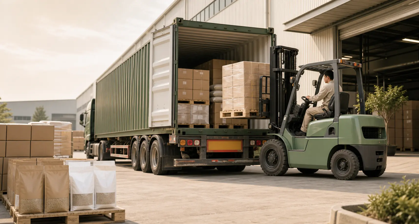 Illustration of packaged goods prepared for container shipment