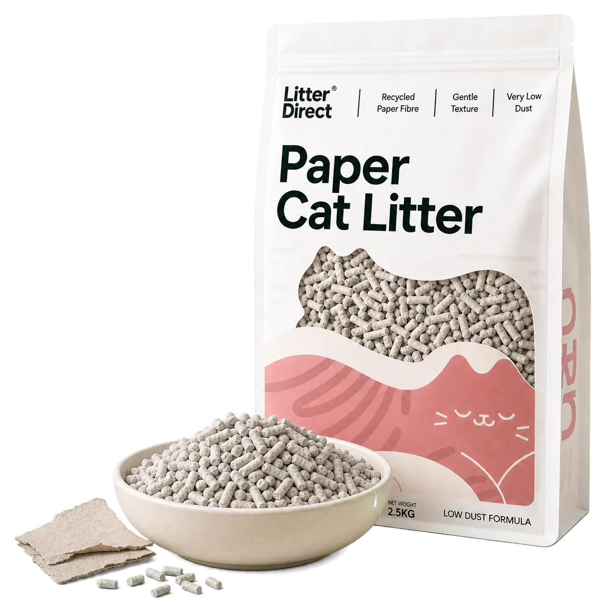 Litter Direct Paper Cat Litter pouch with a ceramic bowl of processed paper-fiber pellets and a fiber sample