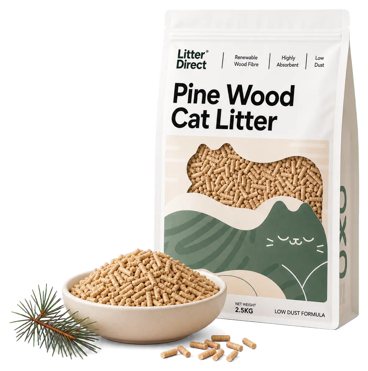 Litter Direct Pine Wood Cat Litter pouch with a ceramic bowl of compressed wood-fiber pellets and a pine sprig