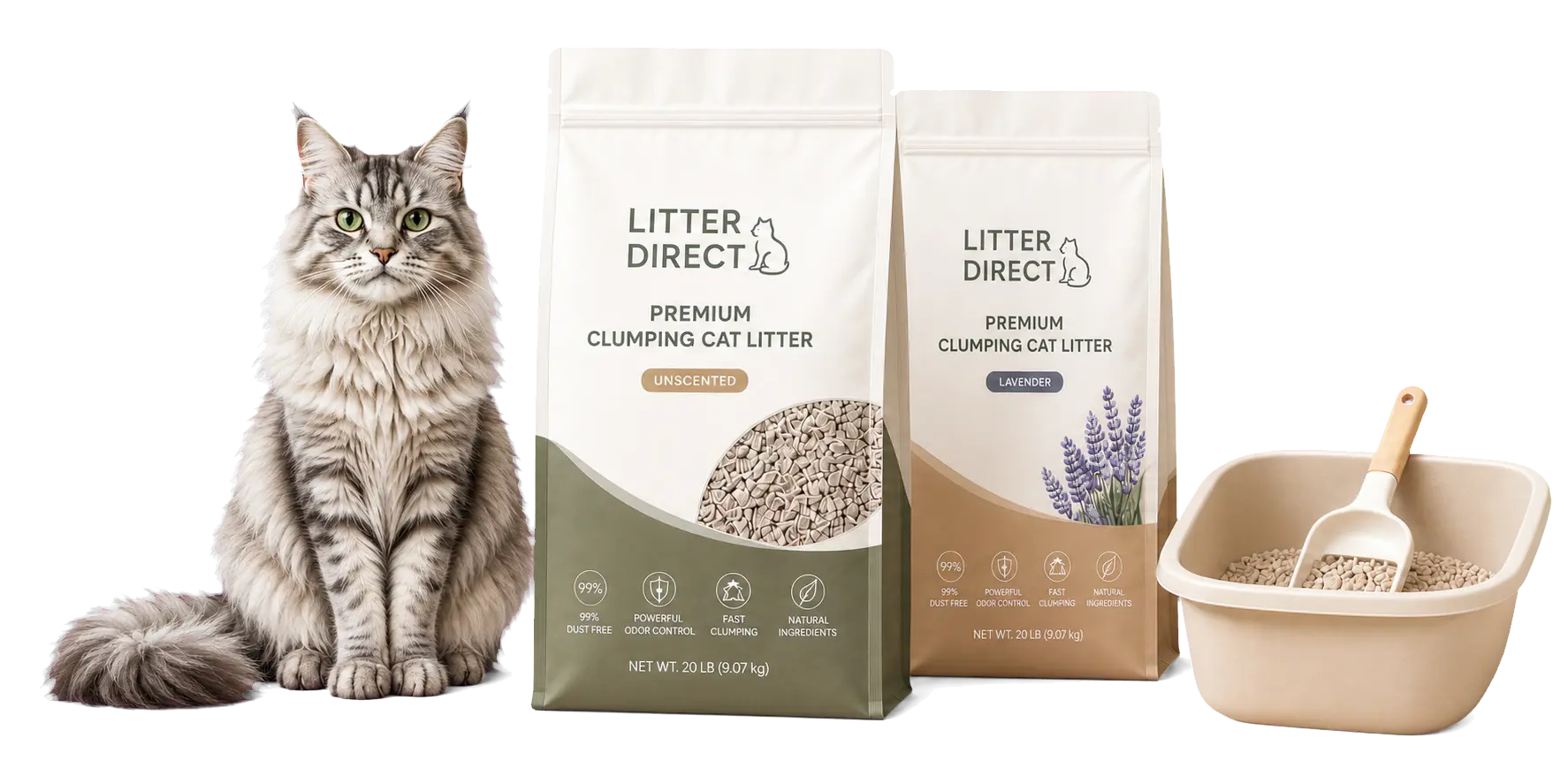 Two Litter Direct cat litter pouches with a long-haired cat, litter box and scoop