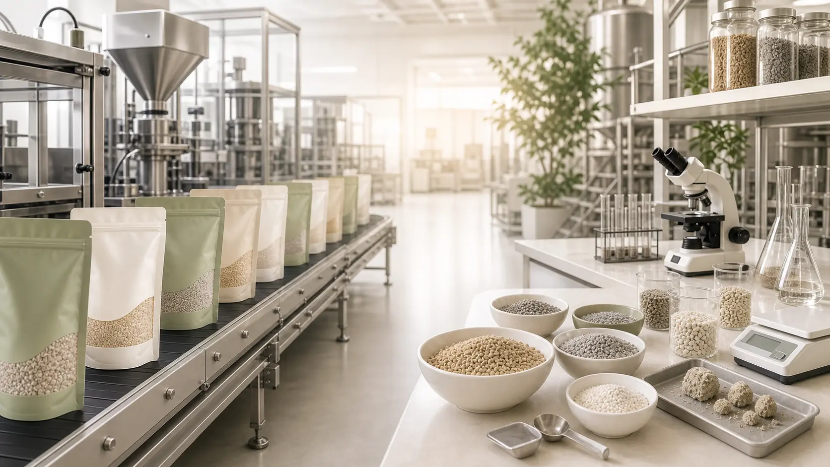 Illustration of cat litter production, product review and packaging preparation