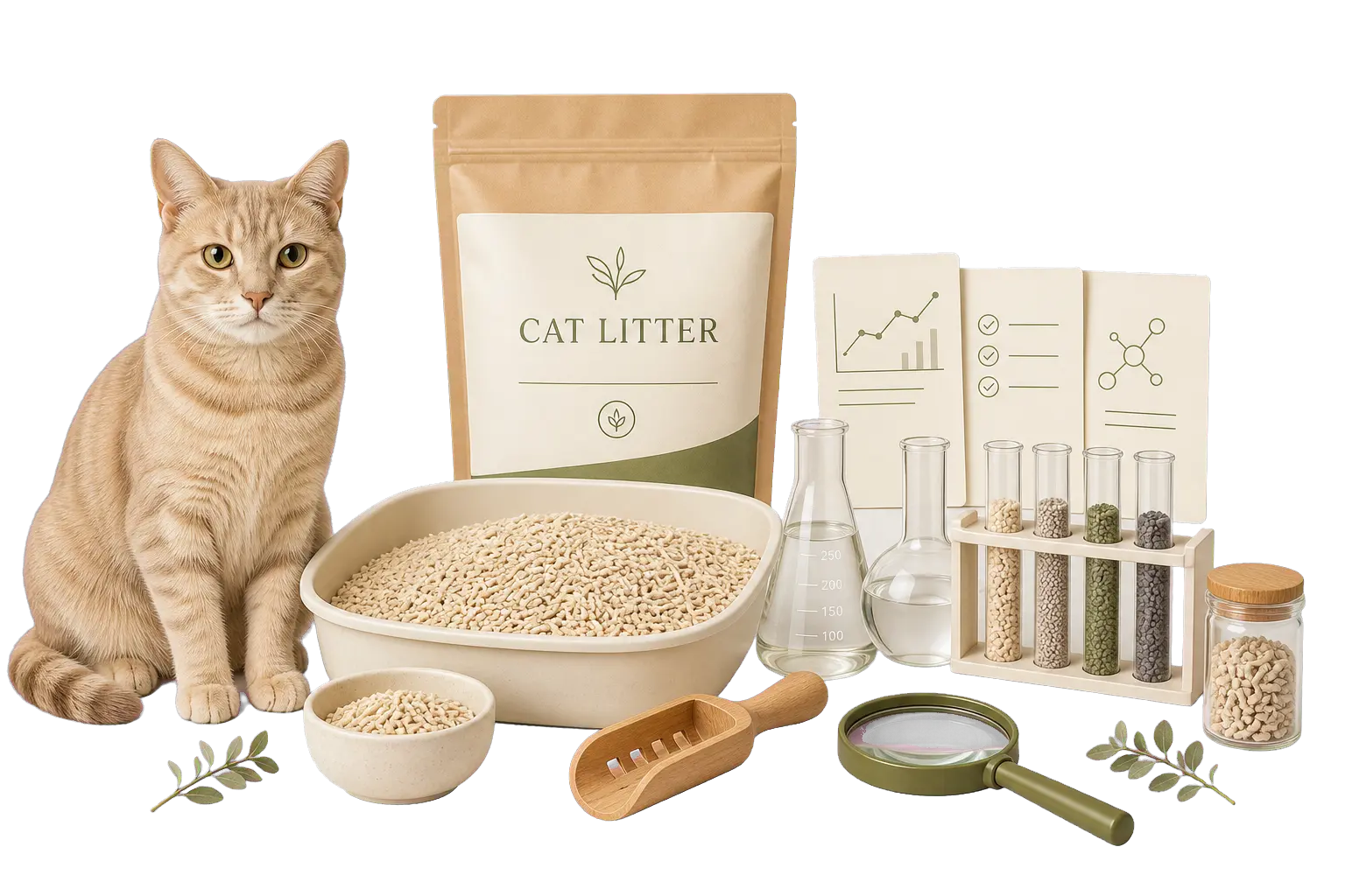Illustration of a cat litter display with a cat, litter tray, packaging, product samples and buyer guides