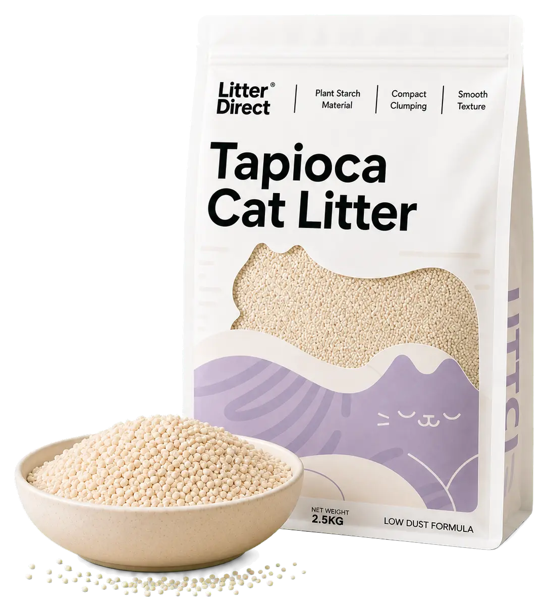 Litter Direct Tapioca Cat Litter pouch with a ceramic bowl of pale tapioca litter granules