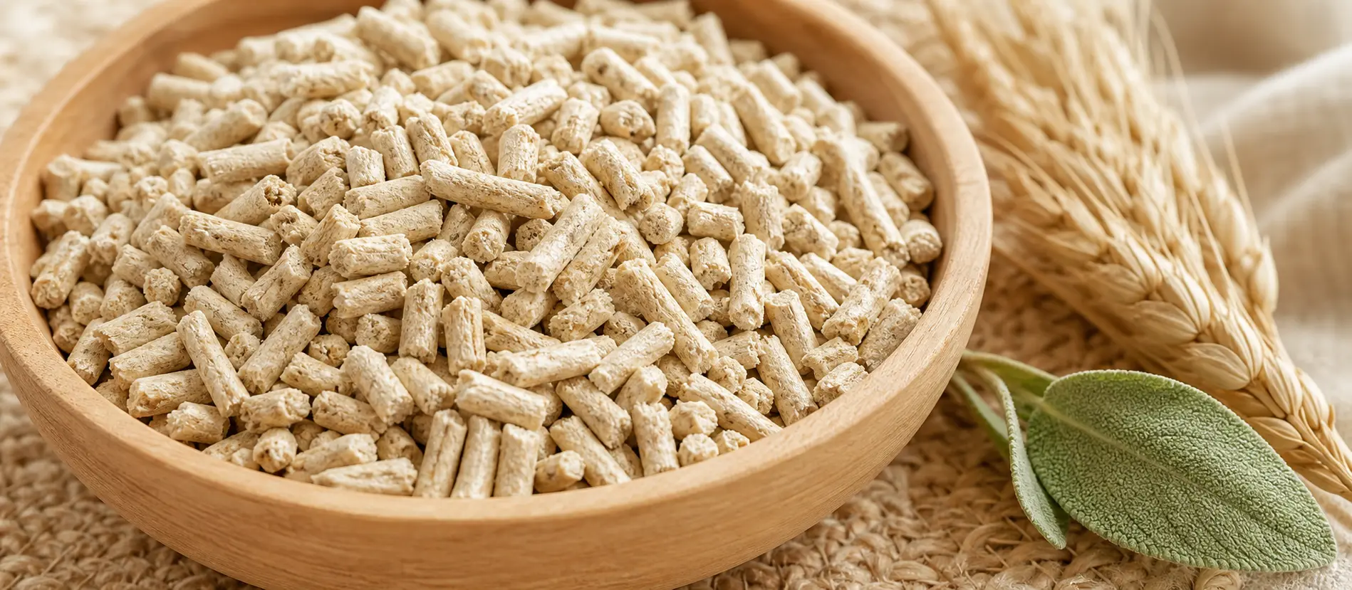 Renewable plant-fiber litter pellets with wheat and sage leaves