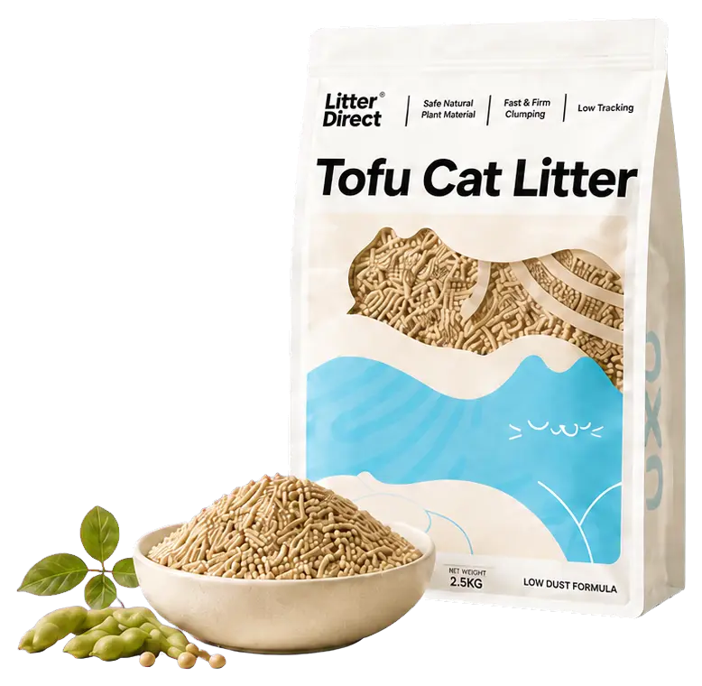 Litter Direct Tofu Cat Litter pouch with a ceramic bowl of tofu litter pellets and soybean leaves