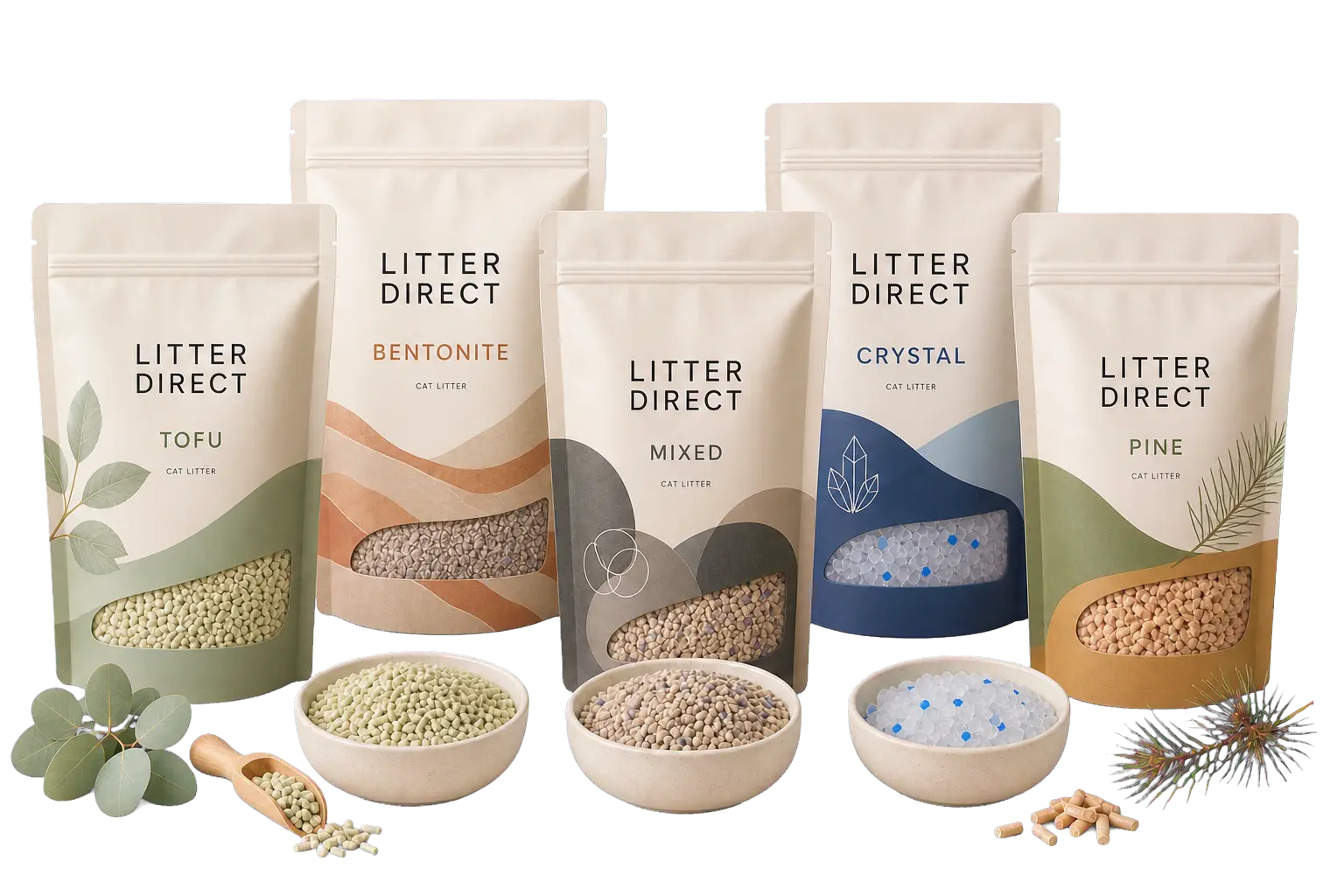 Illustration of five private-label cat litter packs with tofu, bentonite, mixed, crystal and pine litter samples
